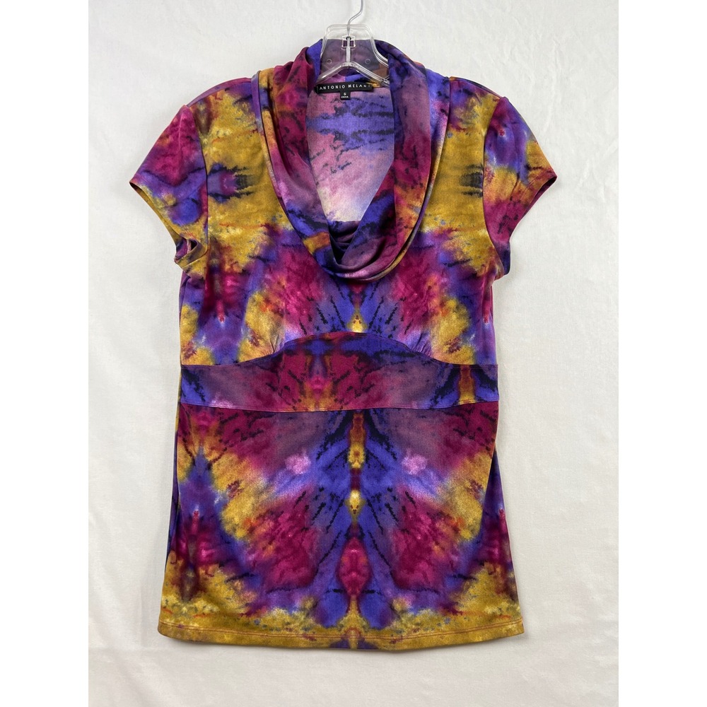 Antonio Melani Tunic Top Womens Small Purple Tie Dye Cowl Neck Empire Waist